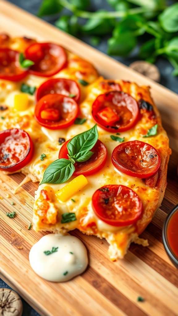 A slice of chicken crust pizza with melted cheese, pepperoni, and bell peppers on a wooden board.